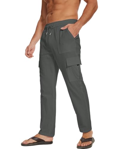 LVCBL Sommerhose Herren Leicht Leinen Cargo Strandhose Dunkelgrau 2XL von LVCBL