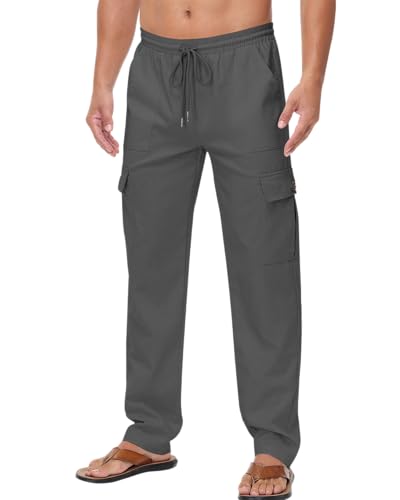 LVCBL Sommerhose Herren Leinenhose Leicht Cargo Strandhose mit Taschen Dunkelgrau 2XL von LVCBL