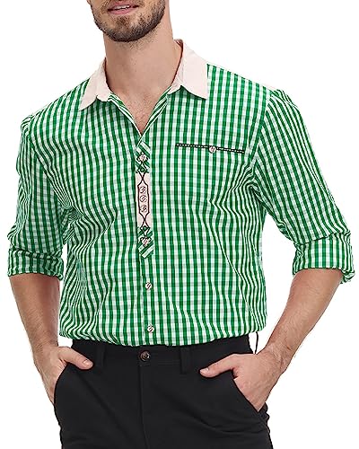 LVCBL Trachtenhemd Herren Kariertes Hemd Slim Fit Langarm Freizeit Oktoberfest Karohemd für Männer Grün M von LVCBL