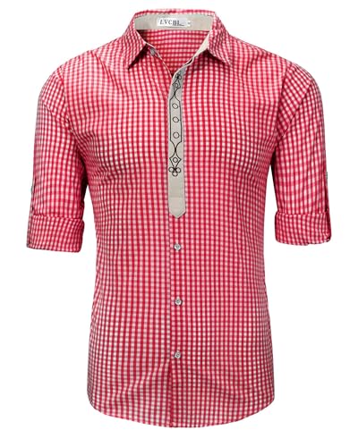 LVCBL Trachtenhemd Herren Langarm Kariertes Oktoberfest Slim Fit Freizeithemd Rot 3XL von LVCBL