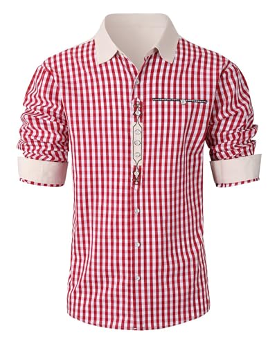 LVCBL Trachtenhemd Slim fit Herren kariert Hemd Freizeithemd Langarmhemd Hemd Bestickt Baumwolle für Oktoberfest Karneval Business Freizeit Rot XL von LVCBL