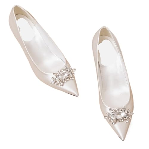 LVCHAO Brautschuhe aus Seide, 5 cm, hohe Absätze, Kristallschnalle, Pumps, Loafers, große Größe 34–43, für Hochzeiten, Partys, weiß, 39 2/3 EU von LVCHAO