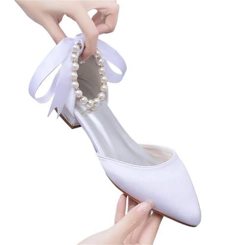 LVCHAO Crystal Queen Pearl Strapping High Heels Schuhe Square Heel Spitz Hohl Damen Sandalen Party Flat Für Hochzeiten, Partys(White,36) von LVCHAO