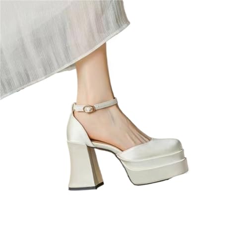 LVCHAO Damen High Heels mit Blockabsatz und Plateausohle, geschlossene Zehenpartie, quadratische Zehenpartie, Knöchelriemen, Kleid, Hochzeit, Party Für Hochzeiten, Partys(Beige,36) von LVCHAO