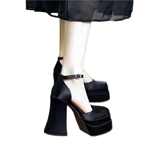 LVCHAO Damen High Heels mit Blockabsatz und Plateausohle, geschlossene Zehenpartie, quadratische Zehenpartie, Knöchelriemen, Kleid, Hochzeit, Party Für Hochzeiten, Partys(Black,41) von LVCHAO