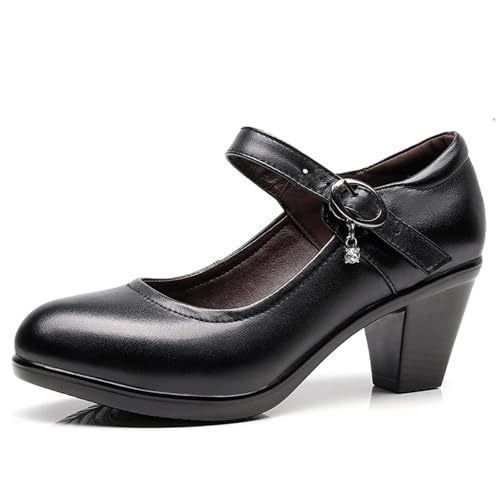 LVCHAO Leder Rundkopf 6CM Dicke Ferse Haken & Schleife Mittlere Ferse Square Dance Schuhe Frauen Arbeit Schuhe Für Hochzeiten, Partys(Black 1,35) von LVCHAO