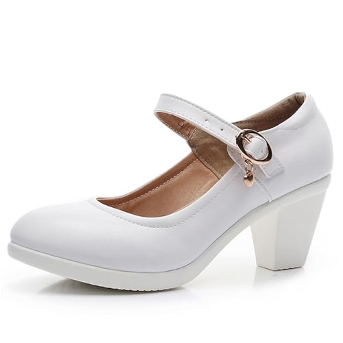 LVCHAO Leder Rundkopf 6CM Dicke Ferse Haken & Schleife Mittlere Ferse Square Dance Schuhe Frauen Arbeit Schuhe Für Hochzeiten, Partys(White2,33) von LVCHAO