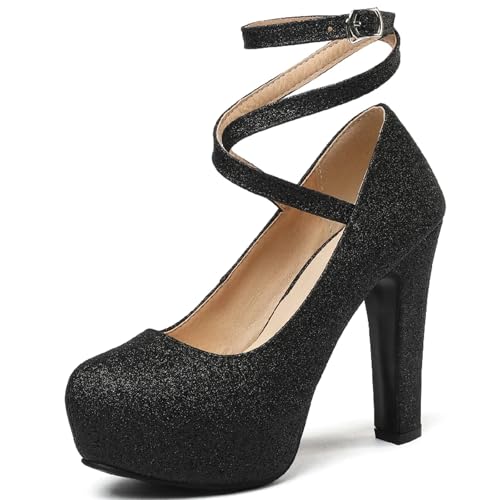 LVCHAO Plattform High Heels Frauen Pumps Schuhe Knöchelriemen Heeled Hochzeit Büro Party Schuhe Weibliche Große Größe Für Hochzeiten, Partys(Black,40) von LVCHAO