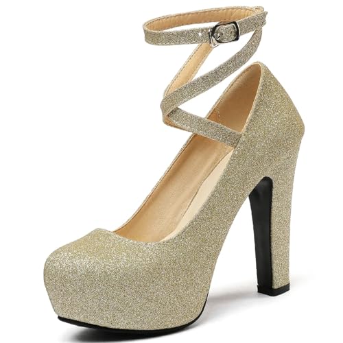 LVCHAO Plattform High Heels Frauen Pumps Schuhe Knöchelriemen Heeled Hochzeit Büro Party Schuhe Weibliche Große Größe Für Hochzeiten, Partys(Gold,50) von LVCHAO