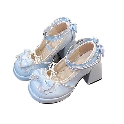 Süßes, Süßes High Heel-Design, Einzelner Schuh, Dicke Sohle, Wasserdichte Plattform, Schleifendekoration, Lolita-Freizeitschuhe Für Hochzeiten, Partys(Blue,39) von LVCHAO