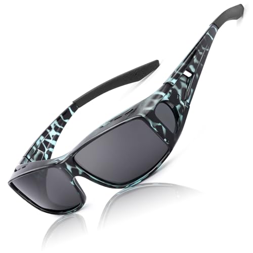 LVIOE Unisex Polarisiert Sonnenbrille Brille Überbrille für Brillenträger, Fit-over Polbrille für Herren und Damen UVA UVB Schutz (Blau Leopard/graues Glas) von LVIOE