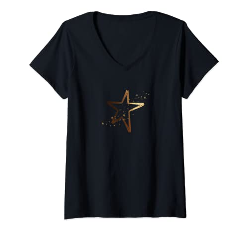 Damen Großer goldener Stern mit kleinen Sternen. T-Shirt mit V-Ausschnitt von LVKP