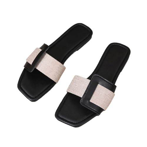BLYVORA Damen Canvas One Word Flat Slides Sandalen Mode Rutschfeste Quadratische Zehenpartie Slip On Leder Walking Slippers Outdoor Indoor Sommer Strand Home Pantoletten, Schwarz, 41 EU von LVOMU