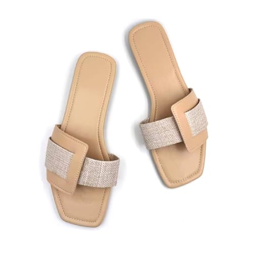 BLYVORA Damen Canvas One Word Flat Slides Sandalen Mode Rutschfeste Quadratische Zehenpartie Slip On Leder Walking Slippers Outdoor Indoor Sommer Strand Home Pantoletten, aprikose, 39.5 EU von LVOMU