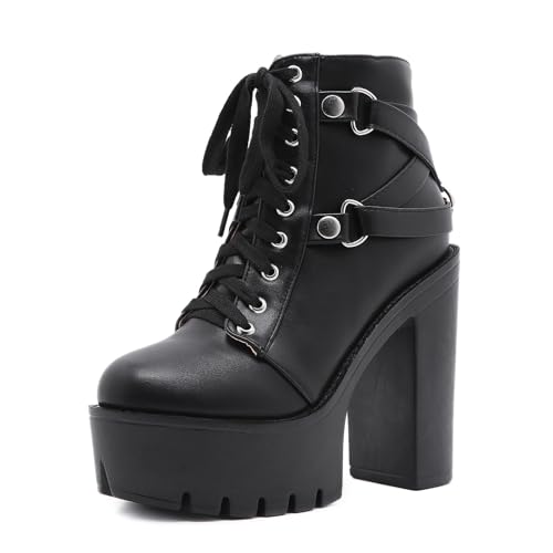 Damen Leder Plateau High Heels Combat Stiefeletten mit seitlichem Reißverschluss Mode Komfort Runde Spitze Schnürsohle Chunky Heel Goth Booties für Party Abschlussball Kleid Stiefel, Schwarz, 38.5 EU von LVOMU