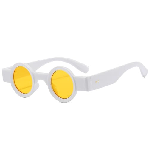 LVTFCO Beliebte modische kleine runde Sonnenbrille für Damen, Retro-Punk-Sonnenbrille, UV400, klare Ozeanlinse, trendige Nieten-Sonnenbrille, Weißgelb, Einheitsgröße von LVTFCO