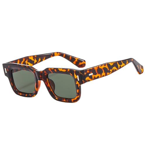 LVTFCO Beliebte modische quadratische Sonnenbrille für Damen, Retro, Punk, klare Ozeanlinse, Brillen für Herren, UV400, Nieten, Sonnenbrille, Leopardenmuster, Dunkelgrün, Einheitsgröße von LVTFCO