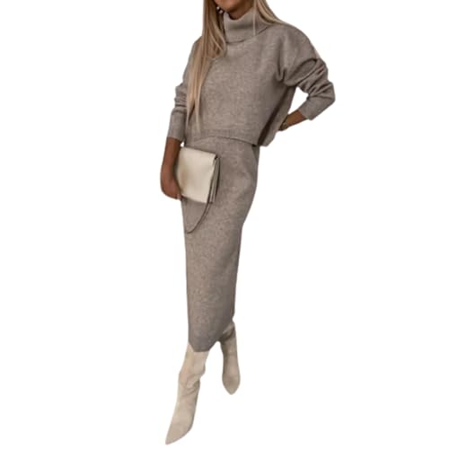 LVTFCO Damen Strickkleid Zweiteiliger Anzug Rollkragen, Set aus Minikleid und Rollkragenpullover, Elastische Bodycon 2 Stück Set Herbst Winter (M,Khaki) von LVTFCO