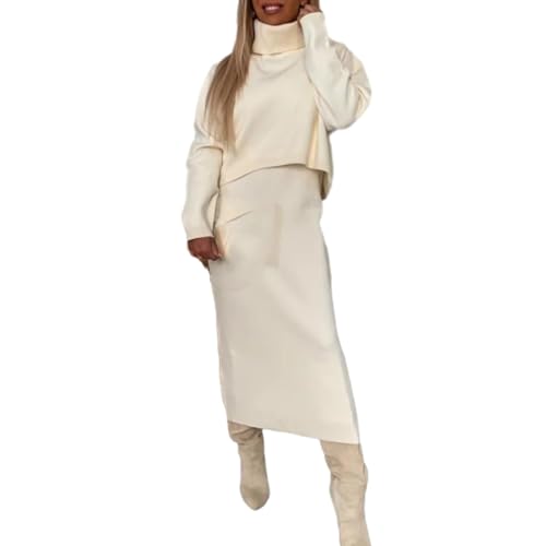 LVTFCO Damen Strickkleid Zweiteiliger Anzug Rollkragen, Set aus Minikleid und Rollkragenpullover, Elastische Bodycon 2 Stück Set Herbst Winter (M,White) von LVTFCO