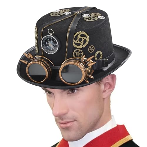 LVTFCO Gothic Steampunk-Zylinder, Steampunk-Hüte mit Schutzbrille, Cosplay Halloween Kostüm Kopfbedeckung Hut mit abnehmbarer Schutzbrille, Steampunk-Zubehör, Kostümzubehör für Erwachsene, Männer und von LVTFCO