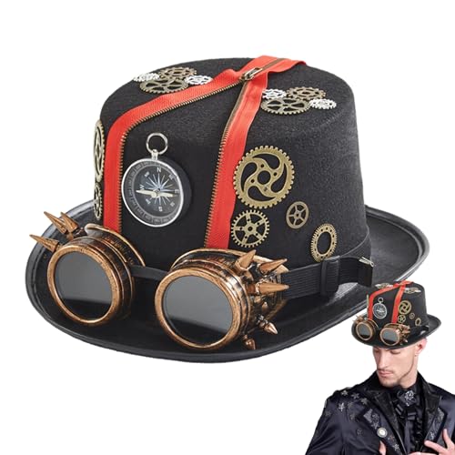 LVTFCO Gothic Steampunk-Zylinder, Steampunk-Hüte mit Schutzbrille | Vintage Gothic Cosplay Top Halloween Hut,Verkleidungszubehör, Zeitreisender-Kostüm für Herren für Halloween-Maskerade von LVTFCO