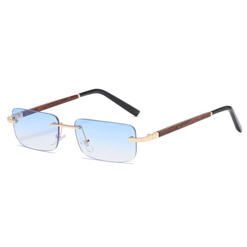 LVTFCO Mode kleine rechteckige randlose Sonnenbrille mit Farbverlauf Damen Vintage Holzmaserung Brillen Herren quadratische Sonnenbrille Shades UV400, Blau, Einheitsgröße von LVTFCO