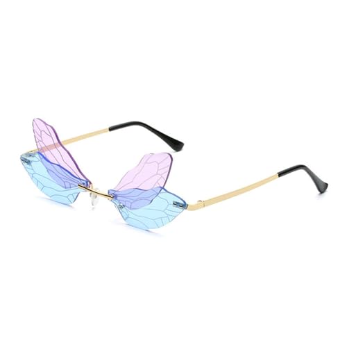 LVTFCO Modische, einzigartige, randlose Sonnenbrille in Libellenflügelform für Damen, Vintage, klare Ozeanlinse, beliebte Sonnenbrille für Herren, Violett/Blau, Einheitsgröße von LVTFCO