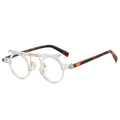 LVTFCO Modische kleine runde Punk-Sonnenbrille für Damen, Retro, klare Ozean-Farbverlaufsgläser, UV400, Sonnenbrille für Herren mit zweifarbigen Nieten, Transparenter Leopard, Einheitsgröße von LVTFCO