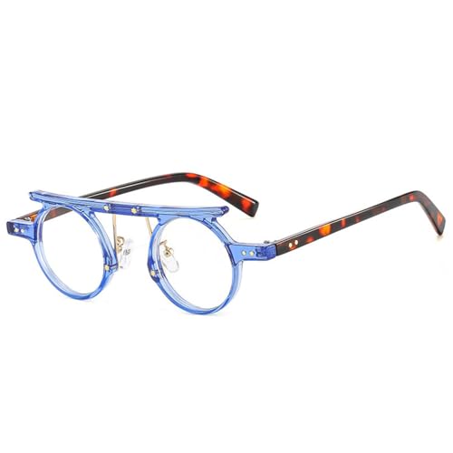 LVTFCO Modische kleine runde Punk-Sonnenbrille für Damen, Retro, klarer Ozean, Farbverlaufsgläser, UV400, Herren, doppelte Farbe, Nieten, Sonnenbrille, blauer Leopard, klar, Einheitsgröße von LVTFCO