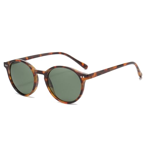 LVTFCO Modische runde polarisierte Sonnenbrille für Damen, Retro, blau-grüne Farbtöne, UV400, trendige Punk-Nieten-Sonnenbrille für Herren, Leopardenmuster, dunkelgrün, Einheitsgröße von LVTFCO