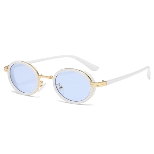 LVTFCO Ovale Punk-Sonnenbrille für Damen mit Metallrahmen, Sonnenbrille für Herren, klassischer Vintage-Steampunk-Brillenschirm, UV400, Weiß/Blau von LVTFCO