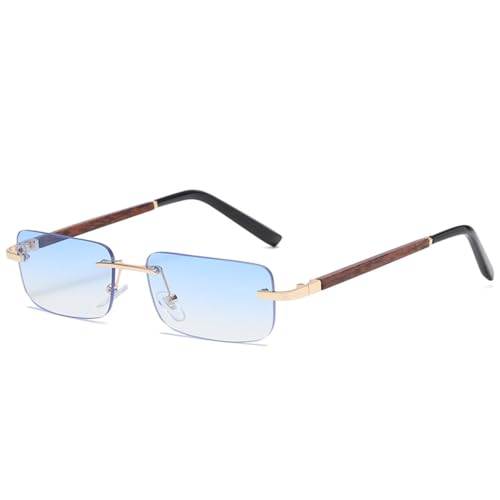 LVTFCO Randlose Sonnenbrille Damen Herren Vintage Rechteck Holz Sonnenbrille UV400 Autofahren Brille Rahmenlos Farbverlauf Quadratisch,Blau,Einheitsgröße von LVTFCO