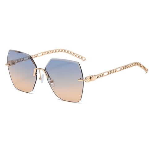 LVTFCO Randlose quadratische Sonnenbrille für Damen mit Kettenrahmen, luxuriös, rahmenlos, modisch, übergroß, Vintage-Brille, UV400, Blaubraun, Einheitsgröße von LVTFCO