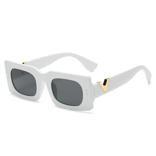 LVTFCO Retro High-End-Sonnenbrille mit quadratischem Bein und V-förmiger Metalldekoration, modische Sonnenbrille, Persönlichkeitstrend für Frauen, weißgrau von LVTFCO