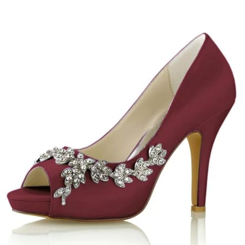 LVTFIYQX Brautschuhe für Damen Brautschuhe Offene High Heels Schuhe mit Kristallverzierungen Geeignet für Hochzeiten, Abendpartys und Zusammenkünfte,Burgundy,36 EU von LVTFIYQX