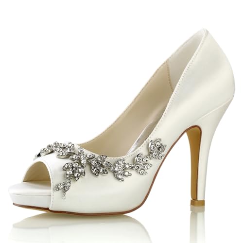 LVTFIYQX Brautschuhe für Damen Brautschuhe Offene High Heels Schuhe mit Kristallverzierungen Geeignet für Hochzeiten, Abendpartys und Zusammenkünfte,Elfenbein,36 EU von LVTFIYQX