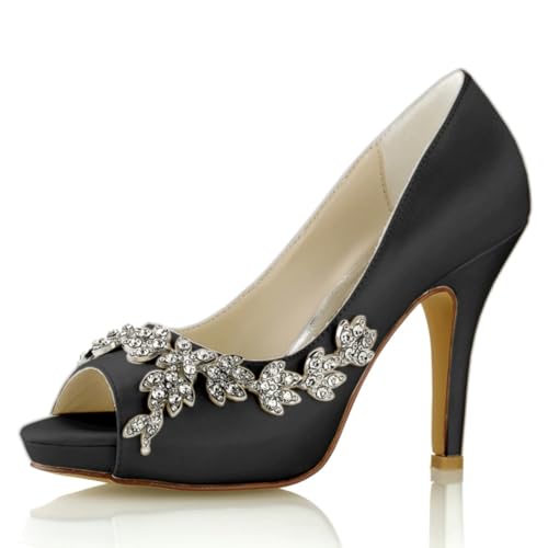 LVTFIYQX Brautschuhe für Damen Brautschuhe Offene High Heels Schuhe mit Kristallverzierungen Geeignet für Hochzeiten, Abendpartys und Zusammenkünfte,Schwarz,37 EU von LVTFIYQX