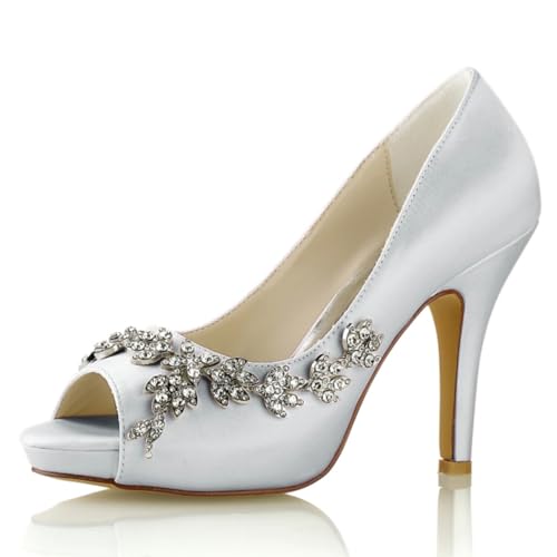 LVTFIYQX Brautschuhe für Damen Brautschuhe Offene High Heels Schuhe mit Kristallverzierungen Geeignet für Hochzeiten, Abendpartys und Zusammenkünfte,Silber,38 EU von LVTFIYQX