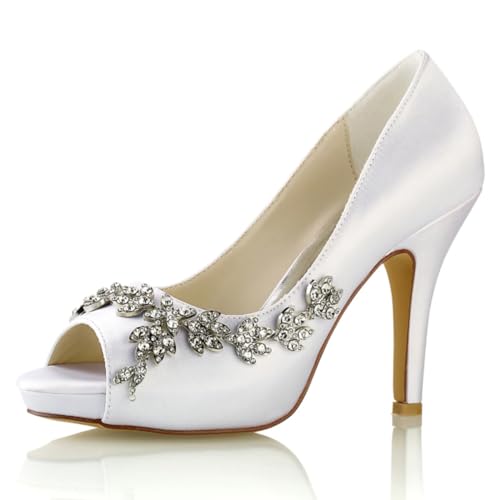 LVTFIYQX Brautschuhe für Damen Brautschuhe Offene High Heels Schuhe mit Kristallverzierungen Geeignet für Hochzeiten, Abendpartys und Zusammenkünfte,Weiß,40 EU von LVTFIYQX