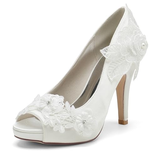 LVTFIYQX Damen High Heel Sandalen Slip-On Perle Hochzeitsschuhe Offene Spitze Brautschuhe Hochzeit Braut Braut Abschlussball Party Kleid Schuhe,Elfenbein,39 EU von LVTFIYQX