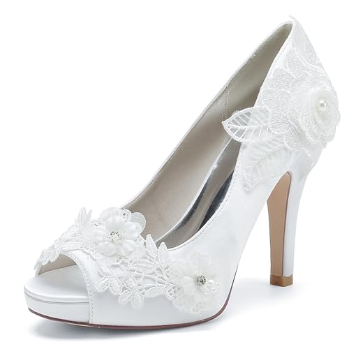 LVTFIYQX Damen High Heel Sandalen Slip-On Perle Hochzeitsschuhe Offene Spitze Brautschuhe Hochzeit Braut Braut Abschlussball Party Kleid Schuhe,Weiß,39 EU von LVTFIYQX