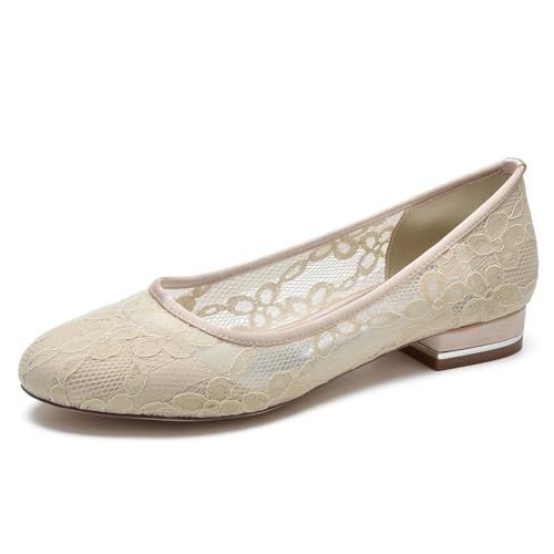 LVTFIYQX Damen Spitze Satin Flats Runde Zehen Slip-On Brautschuhe in Elfenbein Weiß für Hochzeiten Bräute Mädchen Kleid Pumps Ballett Ballerina Stil,Champagne,43EU von LVTFIYQX
