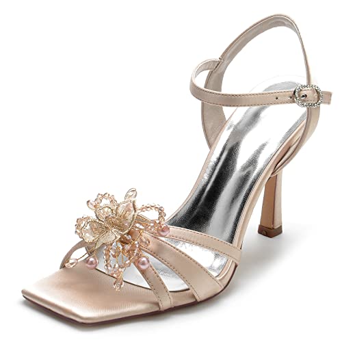 LVTFIYQX Damen Stiletto High Heels Schleife Perle Knöchelriemen Sandalen Mode Braut Party Hochzeit Pumpschuhe Offene Zehe Glitzerndes Kleid Sandalen,Champagne,37 EU von LVTFIYQX