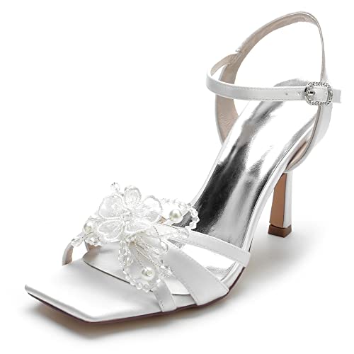 LVTFIYQX Damen Stiletto High Heels Schleife Perle Knöchelriemen Sandalen Mode Braut Party Hochzeit Pumpschuhe Offene Zehe Glitzerndes Kleid Sandalen,Weiß,37 EU von LVTFIYQX