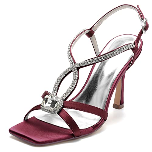 LVTFIYQX Damen Strass Knöchelriemen Offene Zehe Stiletto Heels Sandalen Party Braut Hochzeit Arbeit Kleid Schuhe,Burgundy,37 EU von LVTFIYQX