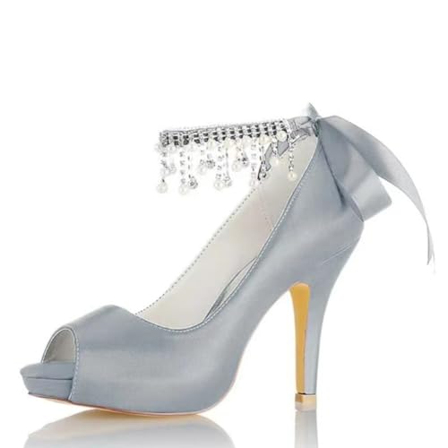 LVTFIYQX Schöne Braut Open-Toe Slip-On High Heels Damen Brautjungfernschuhe mit Perlenverzierungen für Hochzeiten und Partys,Silber,37 EU von LVTFIYQX