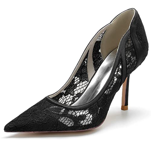 LVTFIYQX Spitz zulaufende Stiletto High Heels Hofschuhe für Frauen Slip-On Lace Stoff Pumps Geschlossene Brautschuhe,Schwarz,39 EU von LVTFIYQX