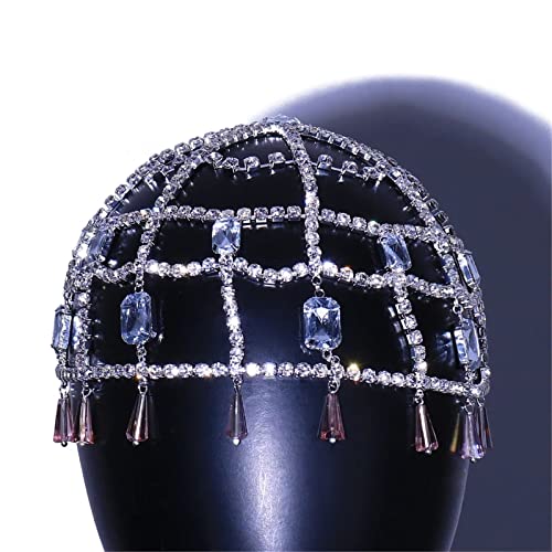 Kopfkette Strass-Hohlquadrat-Steinkopf-Ketten-Stirnband-Haarschmuck for Frauen für das Tägliche Haar(Silver) von LVUNZJCA