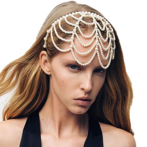 Kopfkette Vintage handgewebte Imitationsperlen Mesh Stirnband Haarbänder Hochzeitsschmuck für das Tägliche Haar von LVUNZJCA