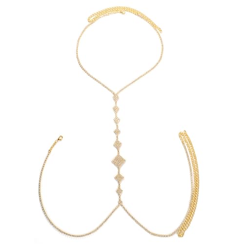 LVUNZJCA Damen Körperkette Einfache Strass-Brustkette, Diamant-Halskette, BH-Bikini für Sommerstrand(Gold_One Size) von LVUNZJCA